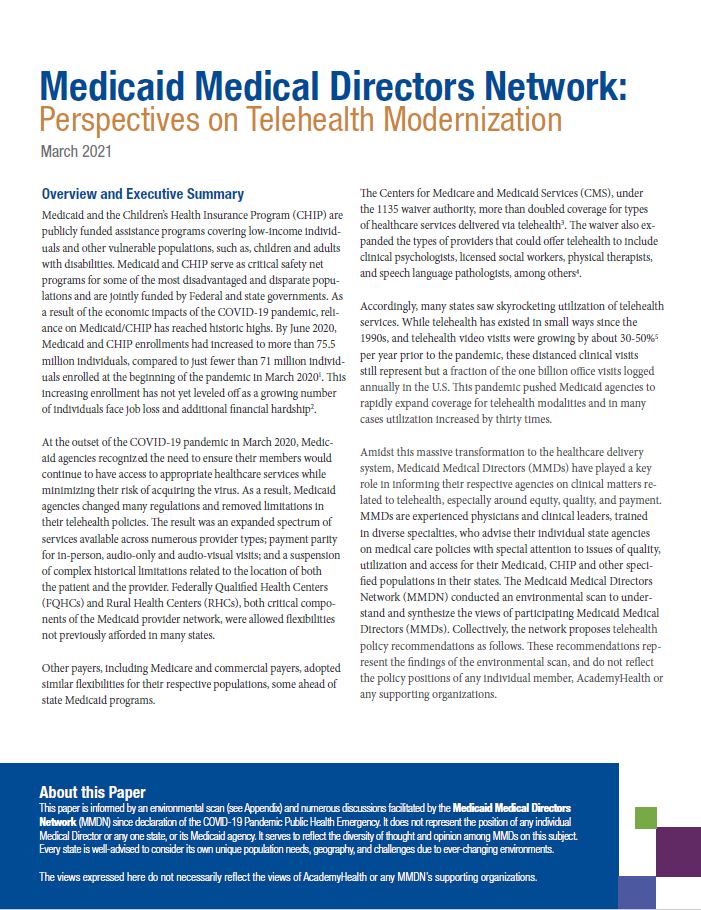 Medicaid Medical Directors Network: Perspectives on Telehealth Modernization  