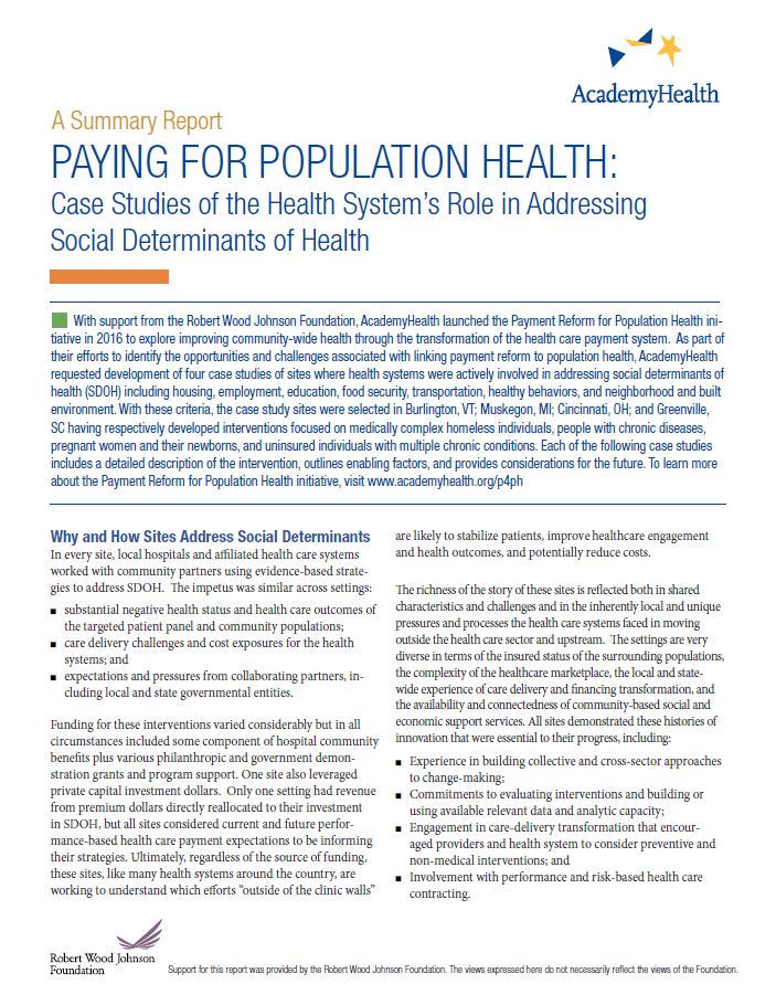 Paying for Population Health: A Summary Report of Four Case Studies