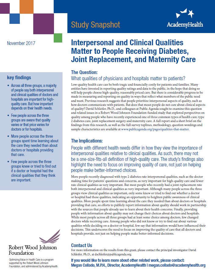 Interpersonal and Clinical Qualities Matter to People Receiving Diabetes, Joint Replacement, and Maternity Care