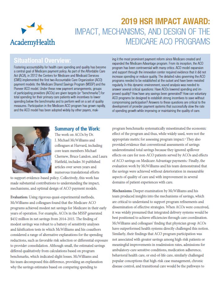 2019 HSR Impact Award: Impact, Mechanisms, and Design of the Medicare ACO Programs