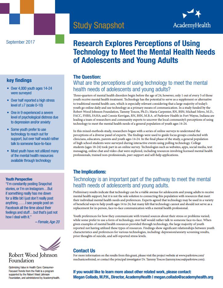 Study Snapshot: Research Explores Perceptions of Using Technology to Meet the Mental Health Needs of Adolescents and Young Adult