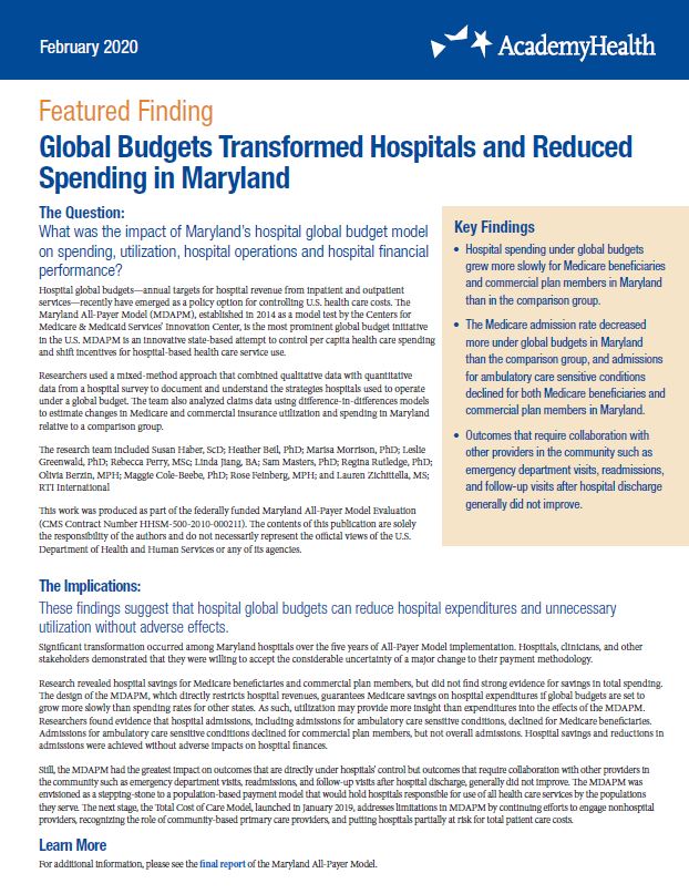 Global Budgets Transformed Hospitals and Reduced Spending in Maryland